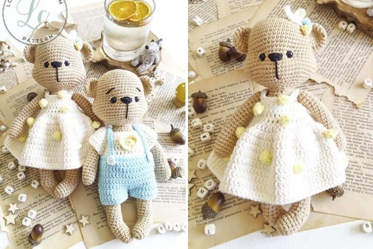 Handmade crochet bear dolls with clothing details displayed on a backdrop of paper and embellishments.