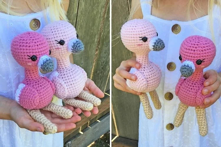 Two handmade crochet flamingo toys being held in a child's hands.