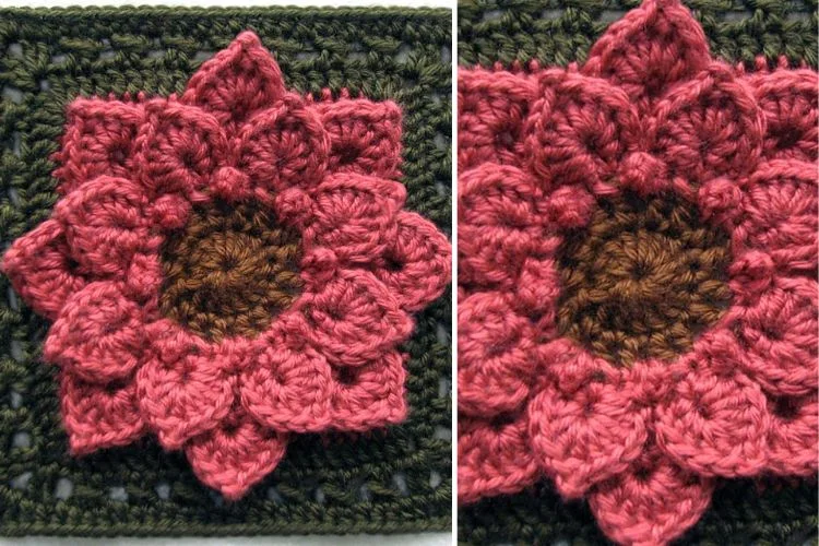 Crocheted flower with a gradient from brown at the center to pink at the petals, displayed against a black background in two slightly different angles.