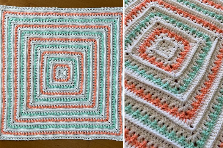 Handcrafted crochet blanket with square geometric pattern in white, green, orange, and beige colors.