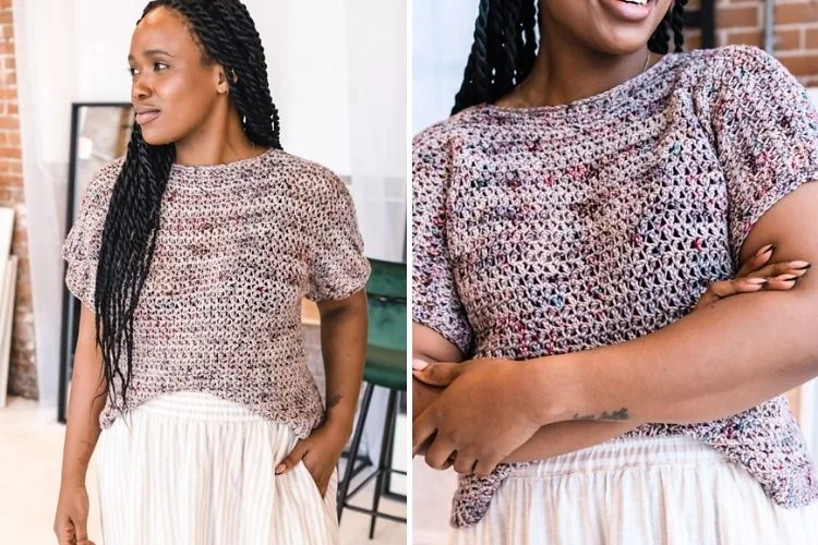 Woman in a crochet top and white skirt smiling and posing for the camera.