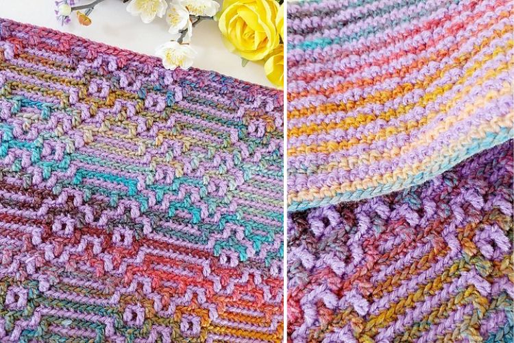 Handmade crochet blankets with multicolored patterns displayed on a white surface.