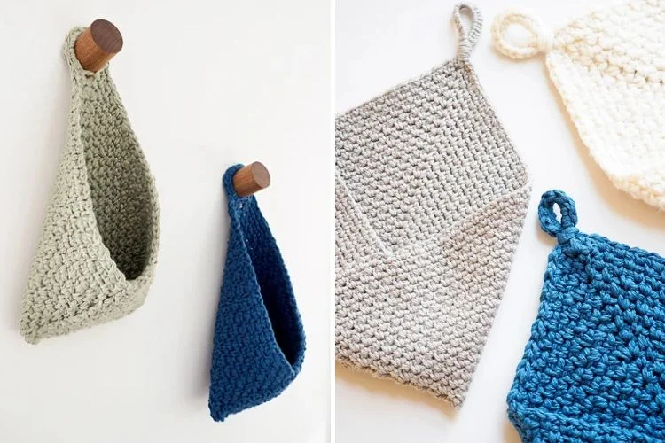 Hand-knitted hanging storage baskets and dishcloths in neutral and blue tones.