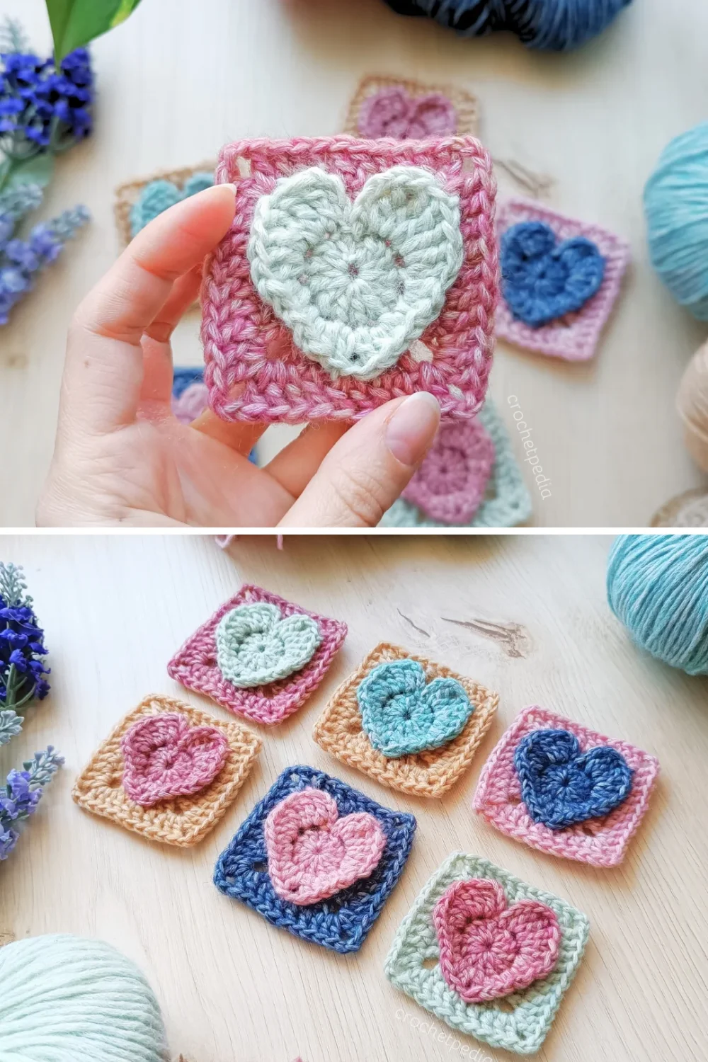 colorful crochet granny squares with 3D heart motif in the middle