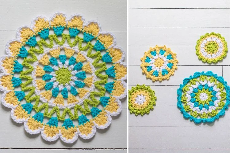 A set of crocheted doilies on a wooden table.