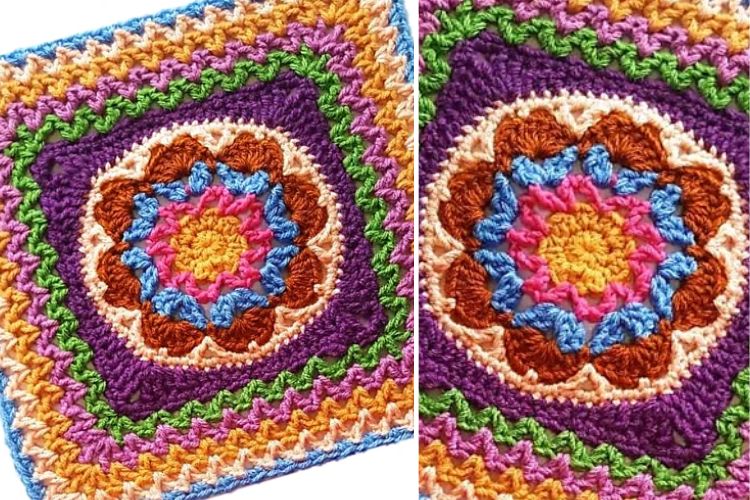 Two colorful crocheted squares with a concentric pattern, featuring a combination of warm and cool tones.