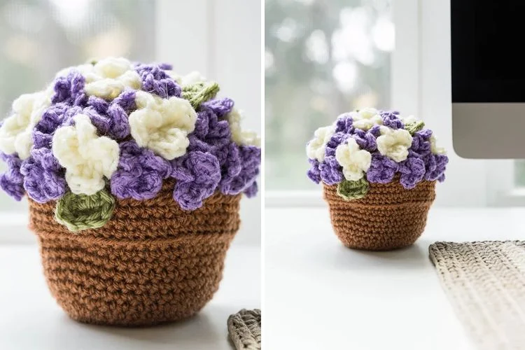 A crocheted flower pot with purple and white flowers displayed on a windowsill.