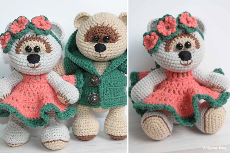 Two handmade crochet bear dolls dressed in pink and green outfits with floral accents.