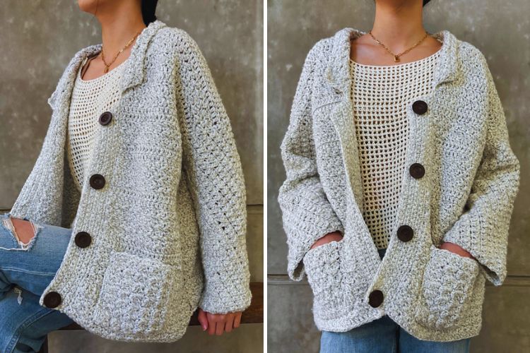 Woman showcasing a hand-knitted chunky cardigan with large buttons.