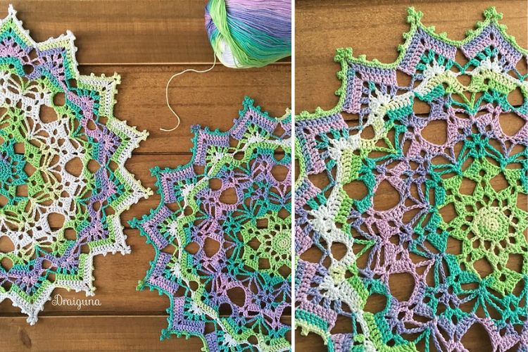 Vibrant multicolor yarn and two stages of a crocheted lace project in progress on a wooden surface.