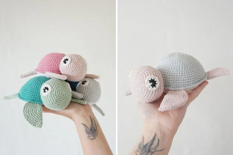 A stack of crocheted turtles in various colors held in a hand against a white background in one image, and a single crocheted turtle on a palm in another.