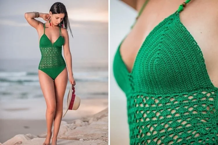 A woman in a green crochet swimsuit walks on the beach, with a close-up view highlighting the swimwear's texture.