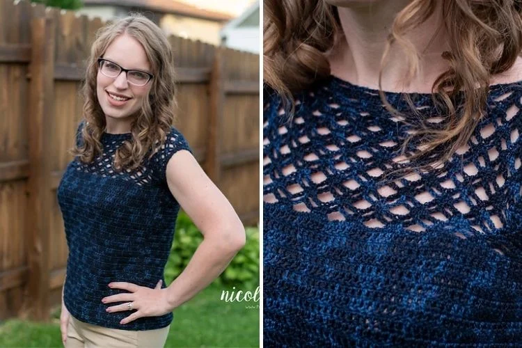 A woman with glasses posing in a garden wearing a blue knit top, with a close-up view of the top's texture.