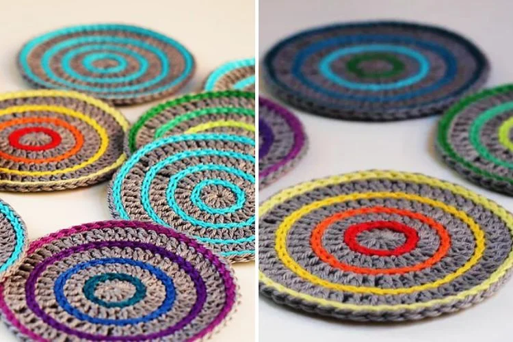 A set of crocheted coasters in different colors.