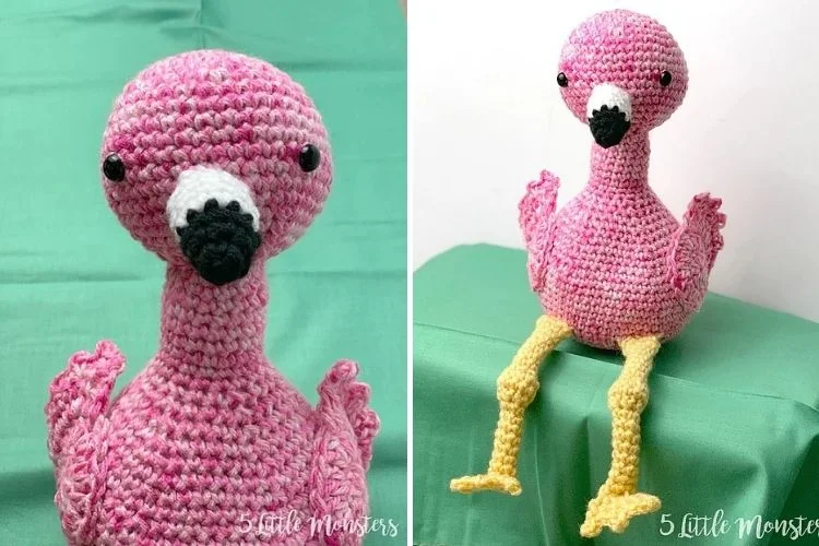 Two handmade crocheted flamingo toys displayed against a green background.