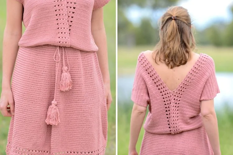 A woman wearing a pink, crocheted dress with a tassel detail, viewed from both front and back.