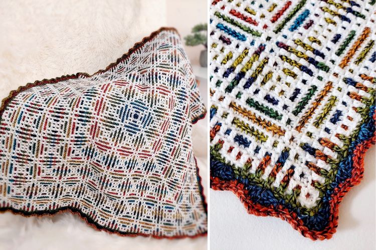 Handcrafted multicolored crocheted blanket with close-up detail of intricate stitch patterns.