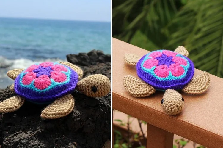 Handmade crocheted turtle with colorful shell against natural backgrounds.