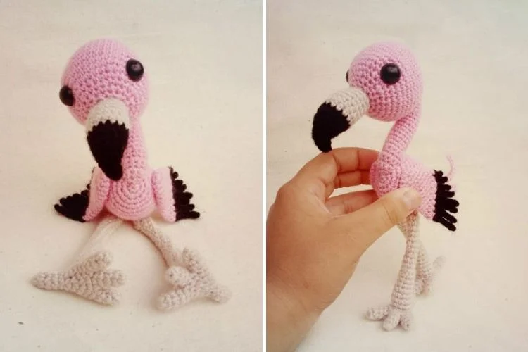 Handmade crochet flamingo toy with a pink body, black beak, and white details, displayed from different angles.