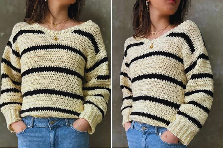 Two pictures of a woman wearing a striped sweater.