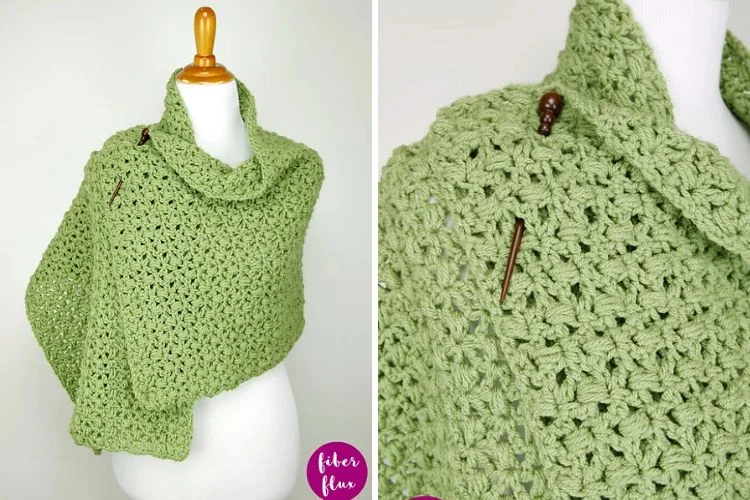 Handmade green crochet poncho displayed on a mannequin with a detailed close-up of the stitch pattern and wooden button.