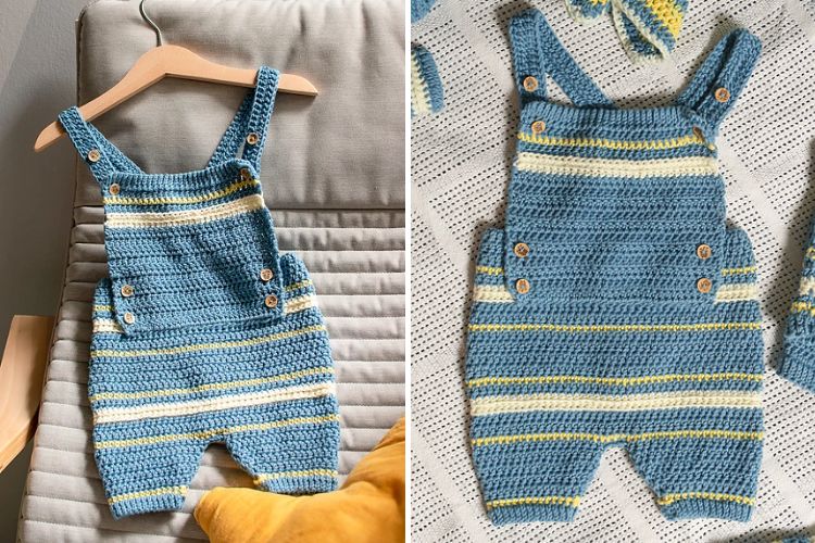 Hand-knitted blue and yellow striped baby romper with wooden buttons displayed on a hanger and flat surface.