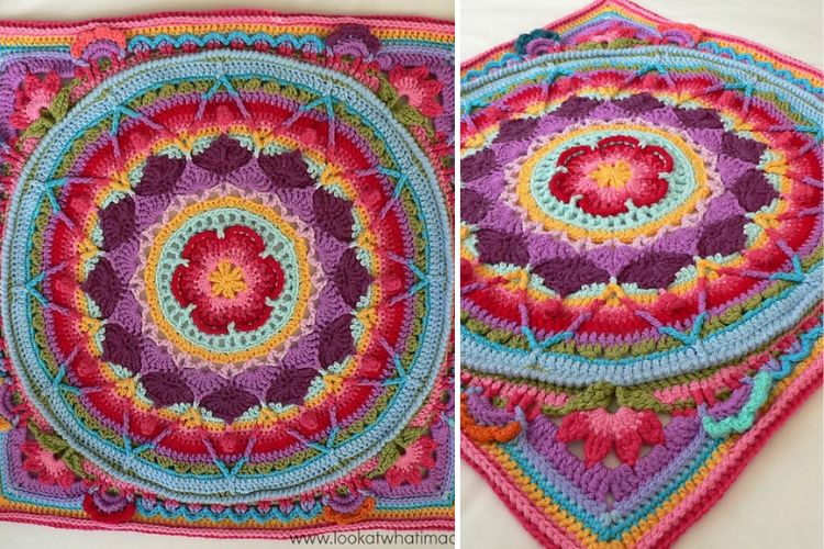 A vibrant, multicolored crocheted mandala with intricate patterns and varying textures, laid flat for display.