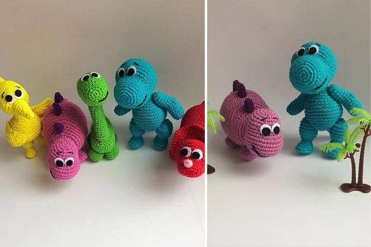 A collection of colorful crocheted dinosaur toys displayed in two different arrangements on a plain background.