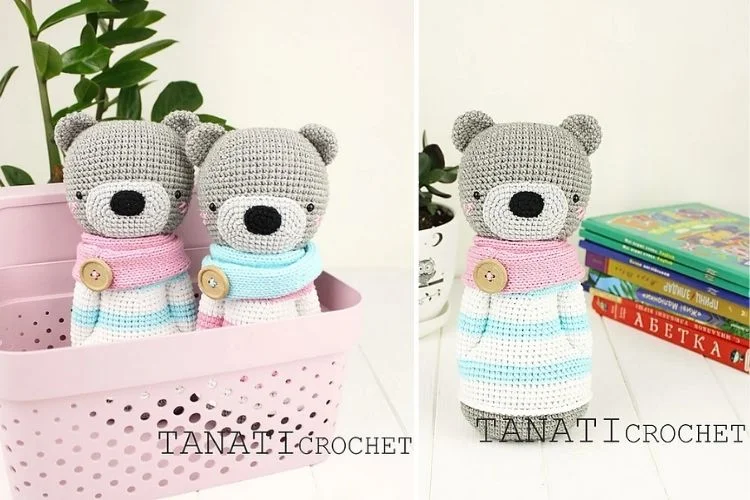 Handmade crochet teddy bears in pastel scarves displayed beside a stack of children's books.