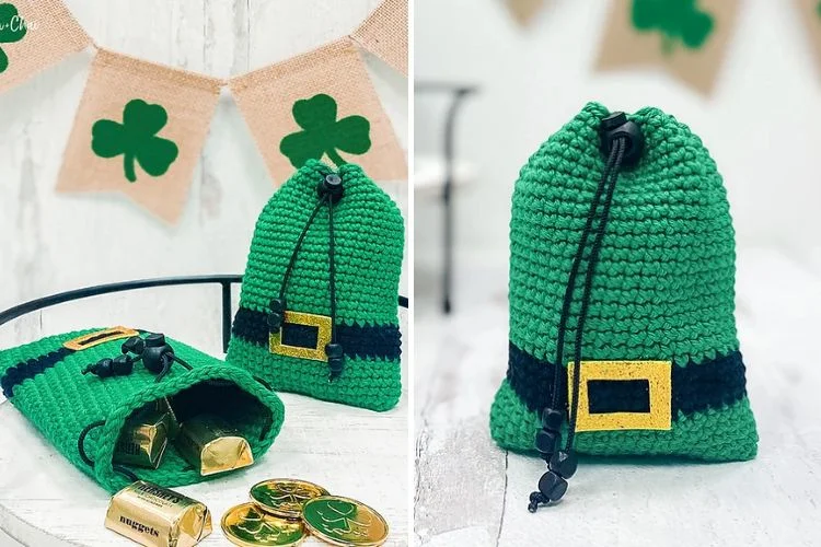 A green crocheted pouch with a black strap and gold buckle, designed to resemble a leprechaun's hat, accompanied by chocolate gold coins to celebrate saint patrick's day.