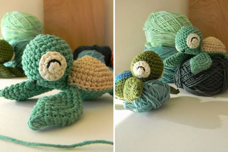 Handmade crocheted turtle amigurumi next to yarn balls.