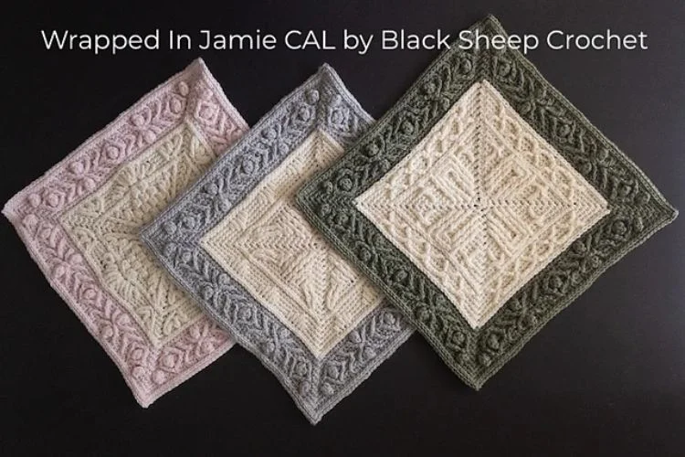 Four intricately crocheted squares in various colors displayed on a flat surface.