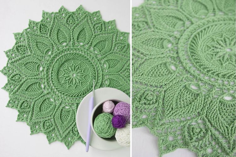 Green hand-crocheted doily displayed next to a bowl containing colorful yarn balls.