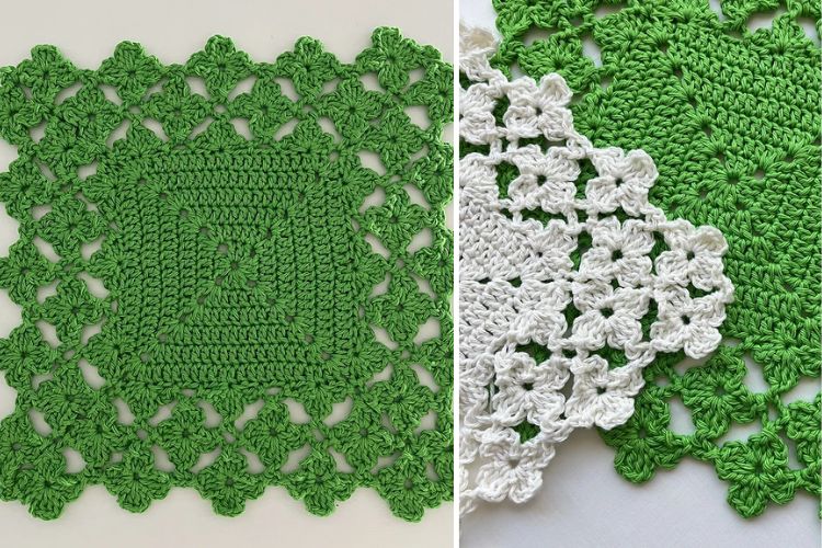 Two crocheted doilies in green and white with intricate patterns.