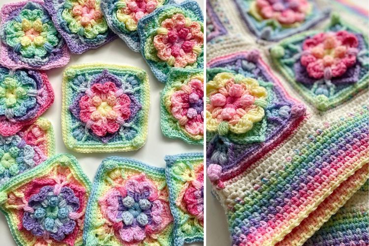 Multicolored crocheted squares featuring flower patterns are arranged next to a partially completed crochet project.