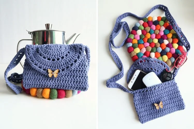 Handmade crochet bag with colorful pom pom trim, shown closed with a teapot inside and open with personal items such as a phone and cosmetics.