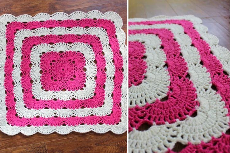 Handmade pink and white crochet doilies on a wooden surface.