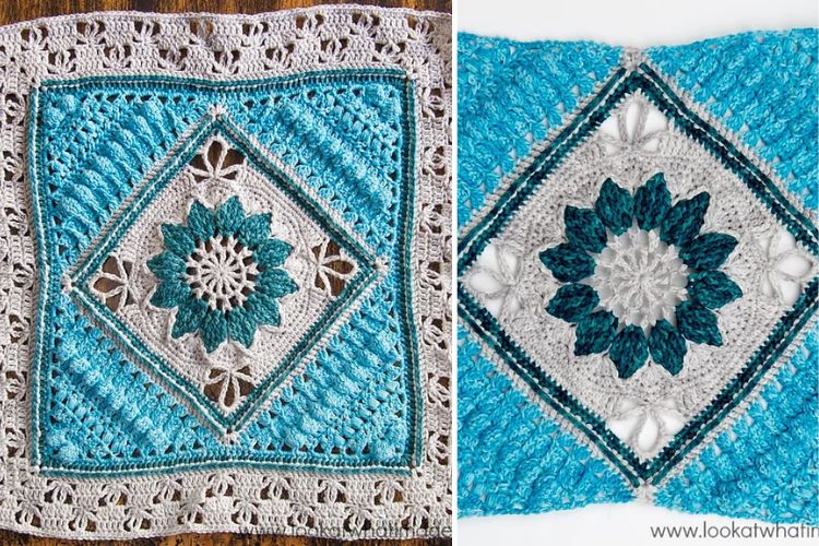 Two intricately crocheted squares with a floral pattern in shades of blue and white, displayed side by side against a neutral background.