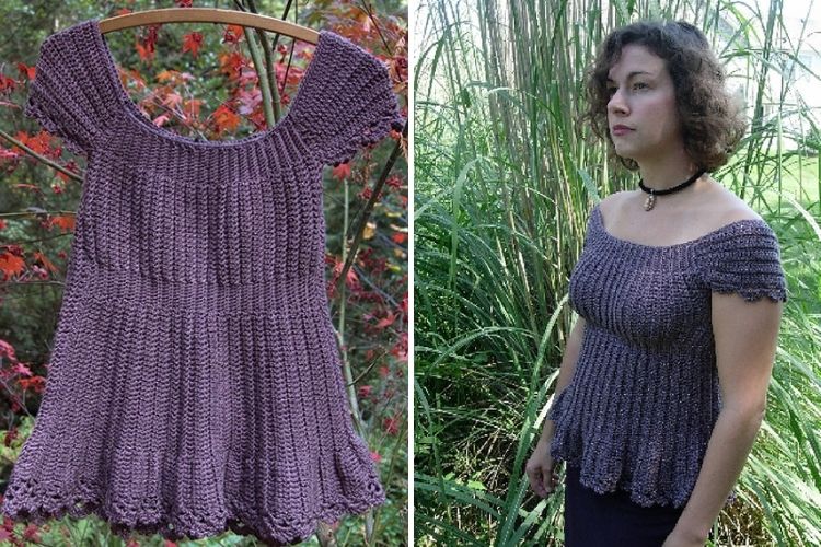 Hand-knitted purple off-the-shoulder top displayed on a hanger and worn by a woman outdoors.