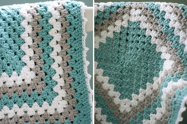 Handmade crochet blanket with alternating teal and white zigzag pattern.