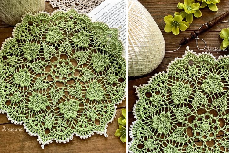 A green hand-crocheted doily displayed next to crocheting materials and decorative items.