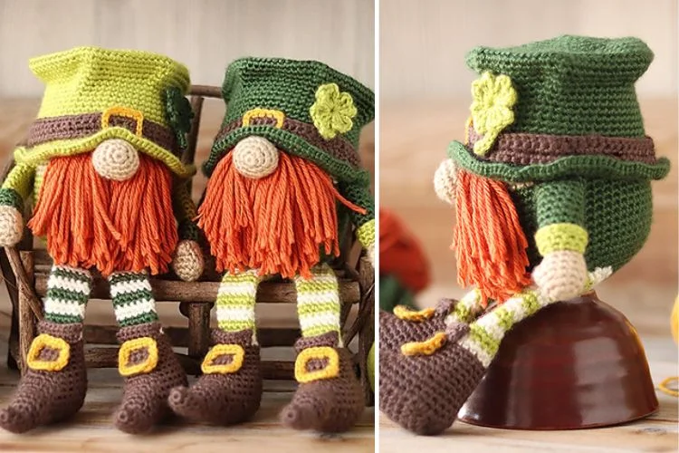 Handcrafted crochet dolls resembling bearded gnomes seated on a bench.