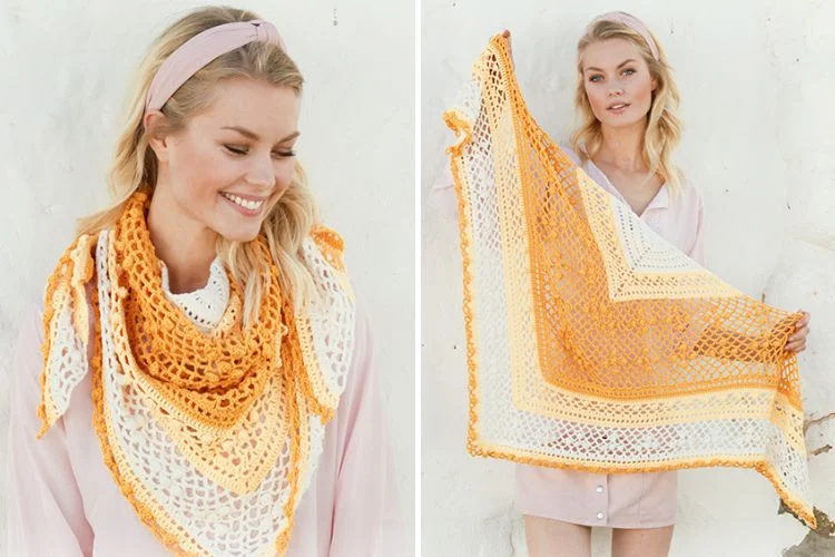 A woman showcasing a handmade crochet shawl in two different poses.