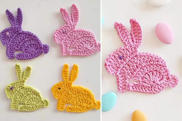 Colorful crocheted easter bunny appliqués beside pastel eggs.