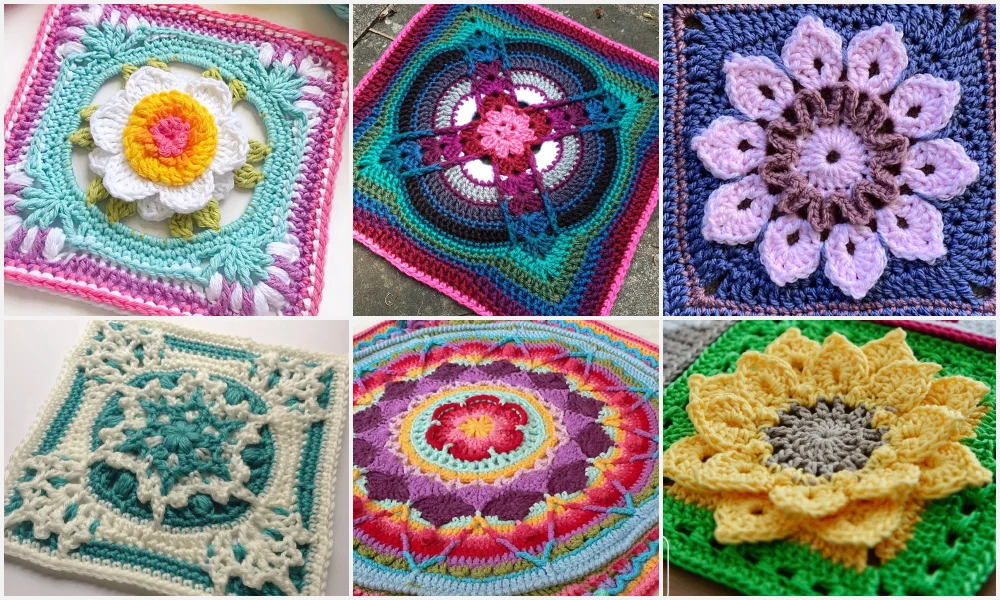 A collage of crocheted granny squares with flowers on them.