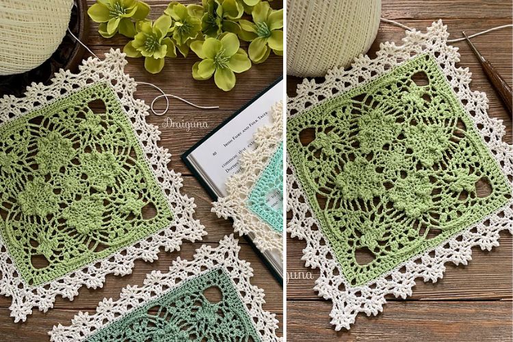 Green and white crochet squares laid out on a wooden surface alongside crochet materials and green flowers.