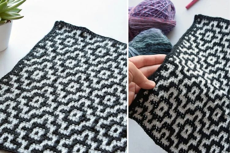 Two images showing a handcrafted knitted piece with a black and white geometric pattern, alongside knitting yarns.