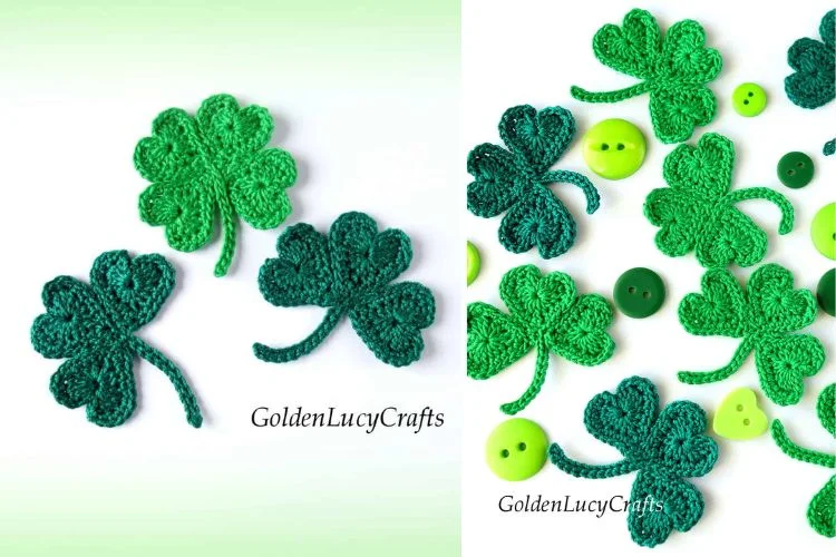 Green crocheted four-leaf clovers with buttons on a white background.