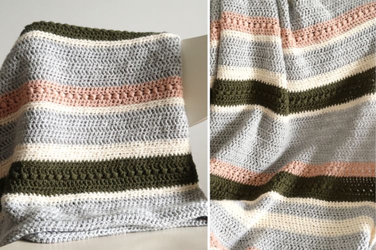 Handmade striped crochet blanket in neutral colors draped over a chair with a close-up of the stitch pattern.