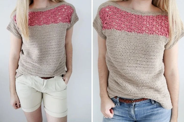 Two views of a handmade crochet top with a pink lace yoke and beige body, modeled by a woman wearing shorts.